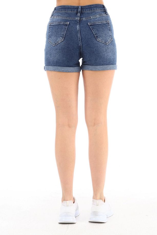 Kadın Yüksek Bel Duble Paça Kot Şort Klasik Mini Jean Şort C604 - 7