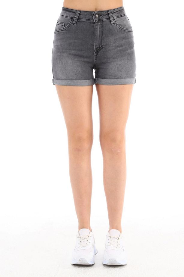 Kadın Yüksek Bel Duble Paça Kot Şort Klasik Mini Jean Şort C604 - 1