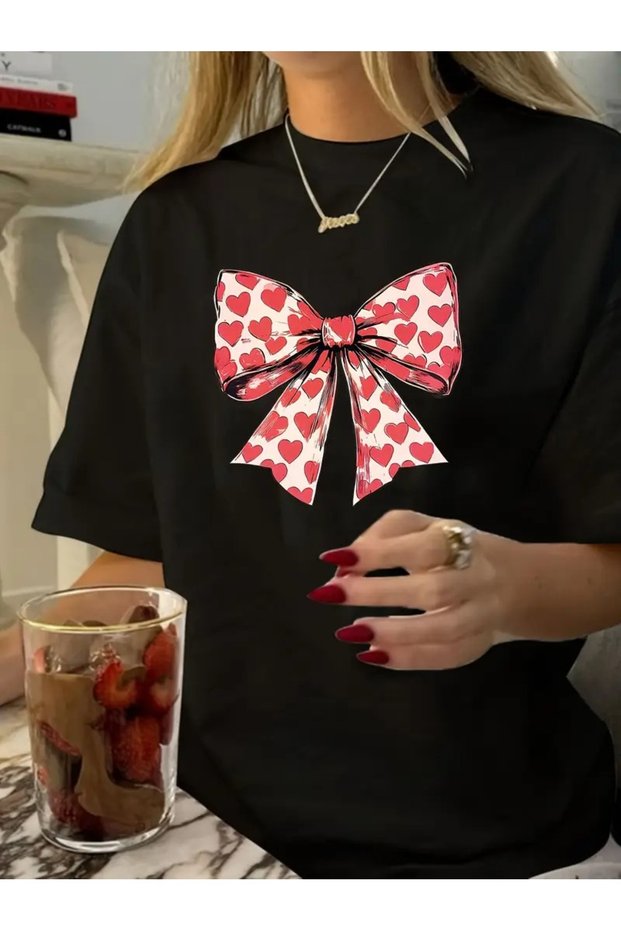 Women's Crew Neck Heart Pink Bow Printed T-Shirt Loose New Season
