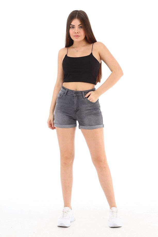 Kadın Yüksek Bel Duble Paça Kot Şort Klasik Mini Jean Şort C604 - 3