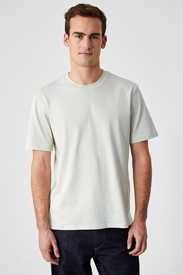 Solo Men's 100% Organic Cotton Thick Textured Comfort Fit Crew Neck Light Beige T-Shirt