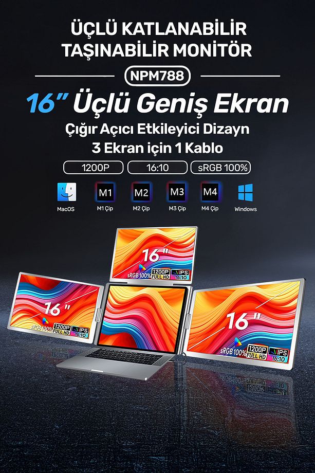 NPM788 16" FHD 1200p IPS Type-C Taşınabilir 3'lü Monitör Çoklayıcı Standlı Notebook Monitör - 2