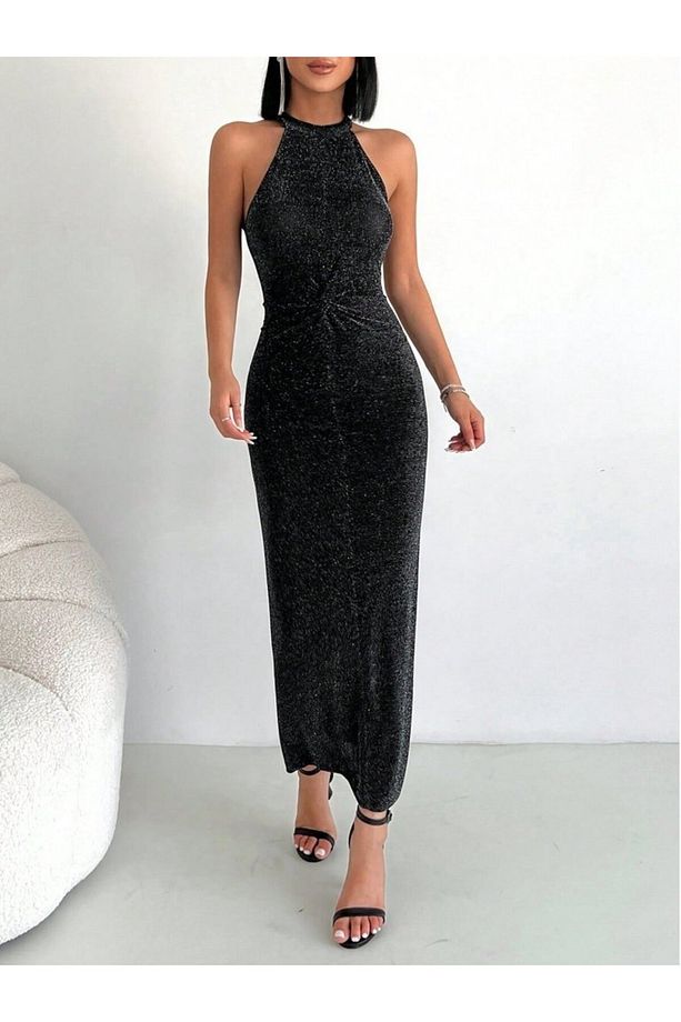 Kadın Sıfır Kollu Halter Yaka Simli Buzi Elbise - 3