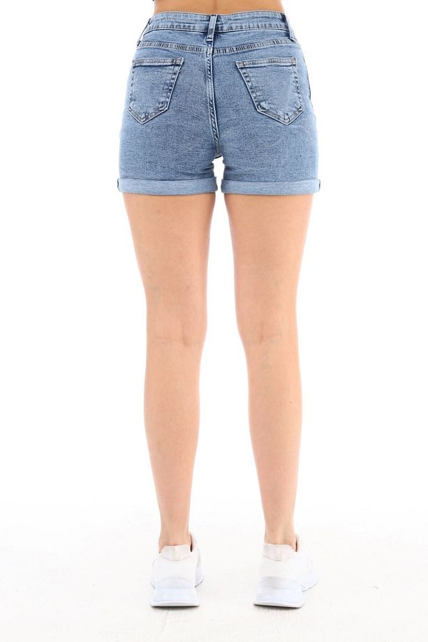 Kadın Yüksek Bel Duble Paça Kot Şort Klasik Mini Jean Şort C604 - 7