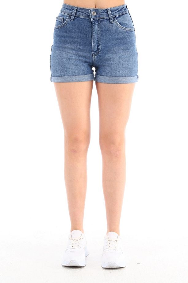 Kadın Yüksek Bel Duble Paça Kot Şort Klasik Mini Jean Şort C604 - 1