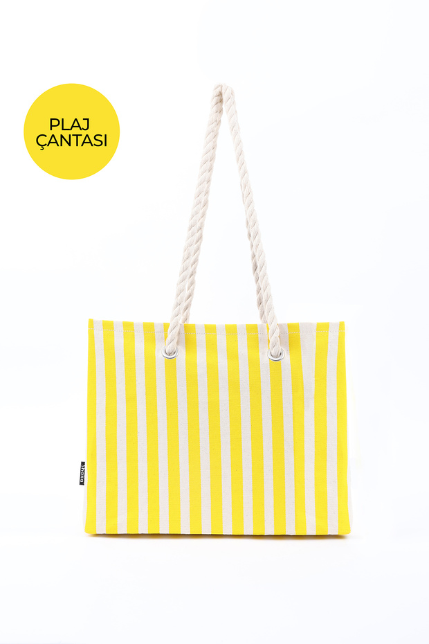 Yellow Shk234 Canvas Fabric Single Compartment Line Patterned Travel, Picnic and Beach Bag