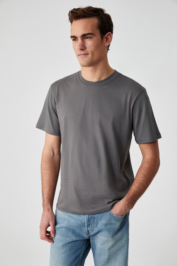 Solo Men's 100% Organic Cotton Thick Textured Comfort Fit Crew Neck Gray T-Shirt