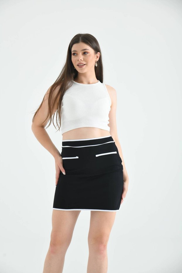 Black and White Striped Knitted Mini Skirt