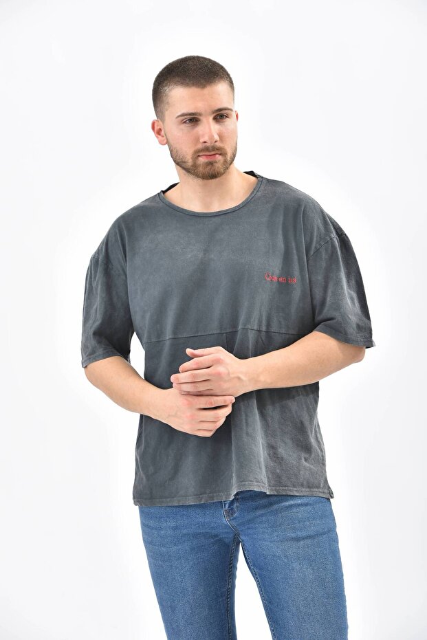 Anthracite Crew Neck Embroidery Detailed T-Shirt