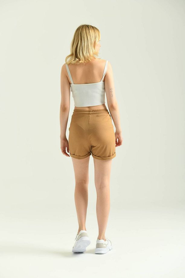 Camel Fitilli Cep Detaylı Örme Şort - 2
