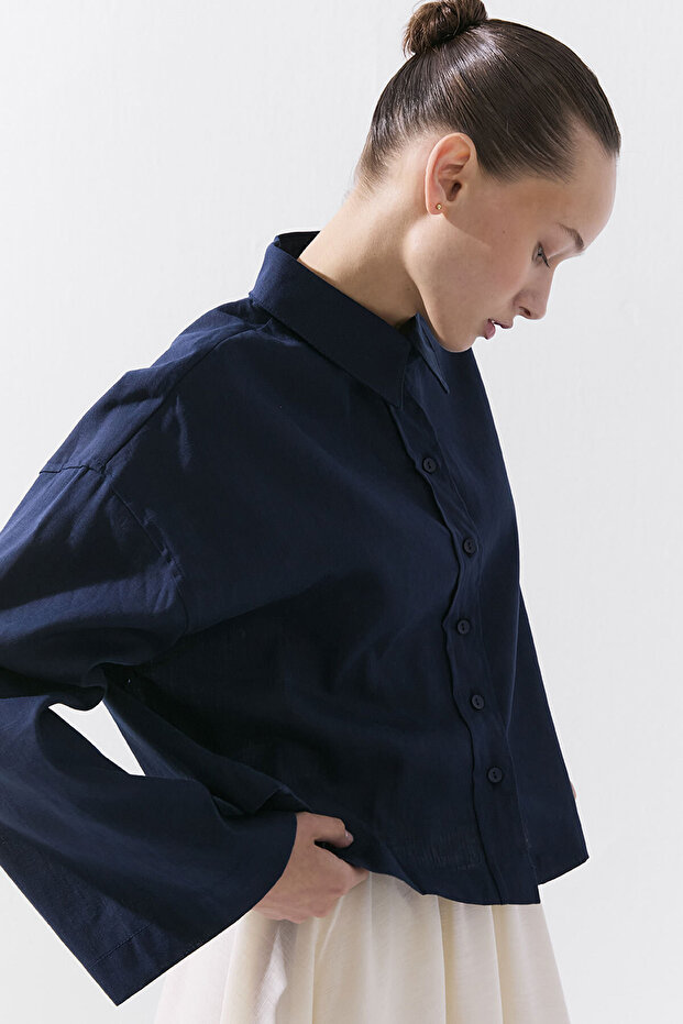 Lyocell Keten Basic Kısa Lacivert Gömlek - 9