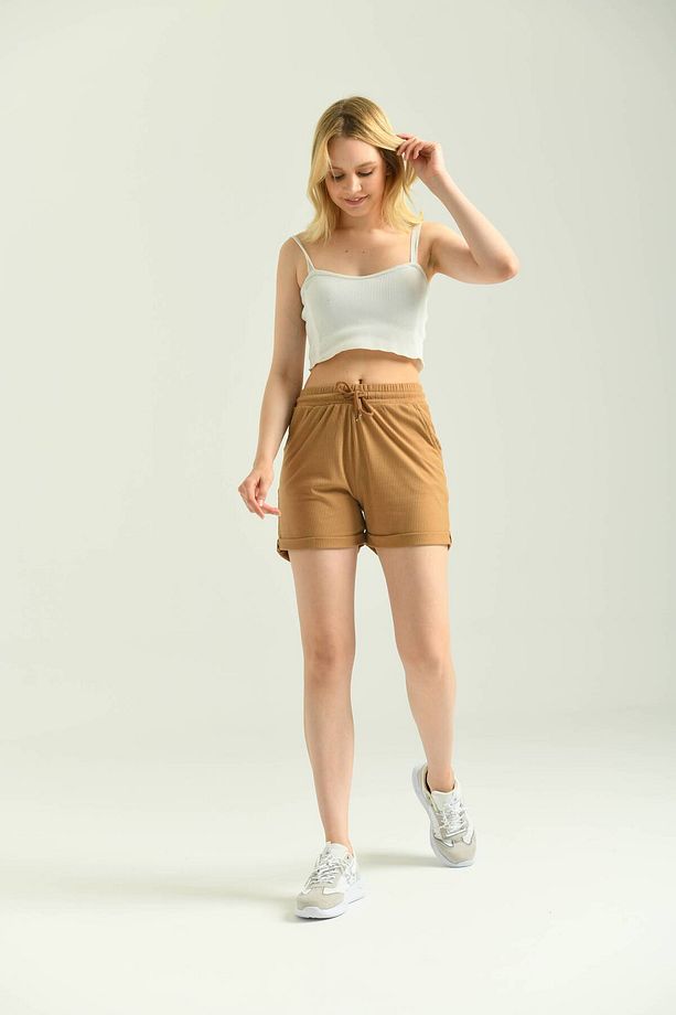 Camel Fitilli Cep Detaylı Örme Şort - 3