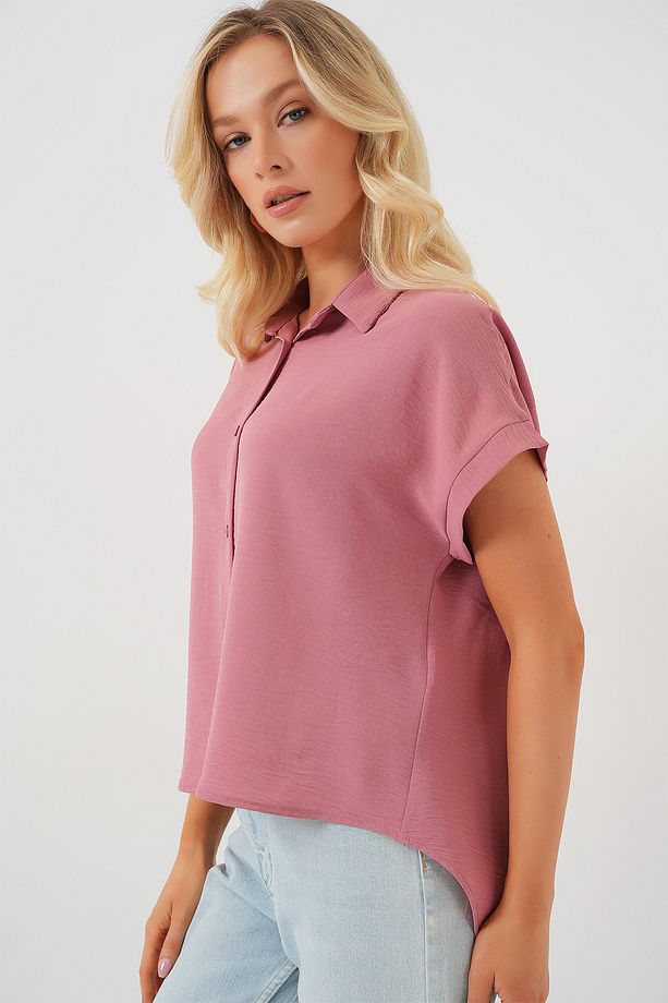 Kadın Oversize Kısa Kol Gömlek 20322 - Pembe - 3