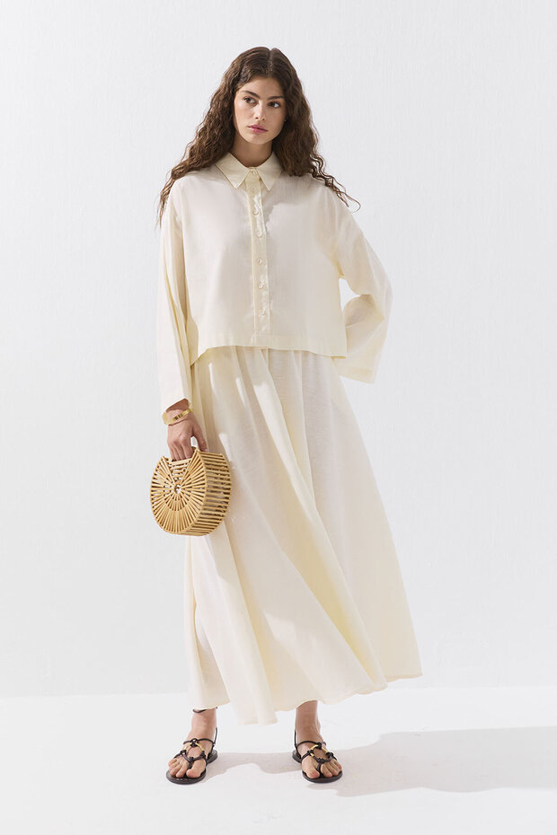 Lyocell Keten Basic Kısa Ekru Gömlek - 3