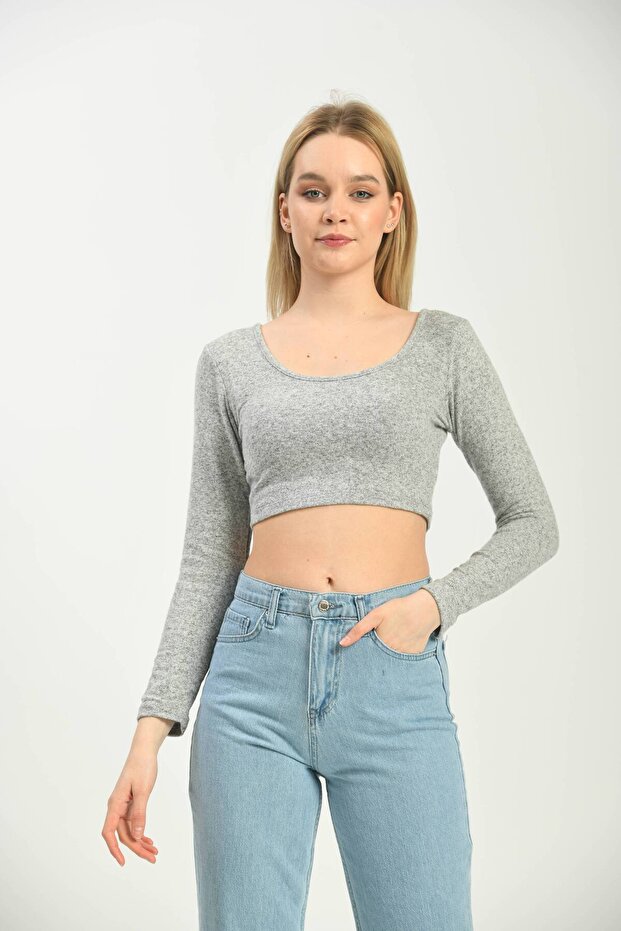 Gray U Neck Long Sleeve Sports Blouse