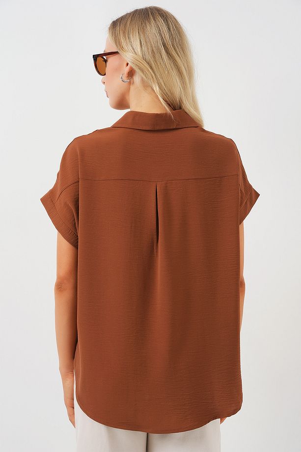 Kadın Oversize Kısa Kol Gömlek 20322 - Taba - 6