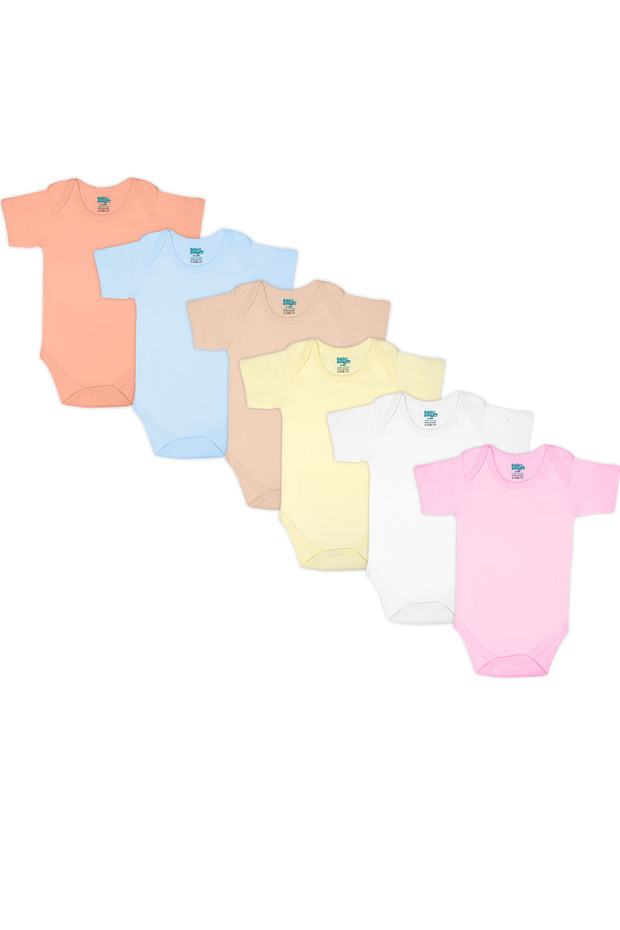 Short Sleeves Bodysuit. Set of 6 - Blue, Orange, Brown, Pink, Lemon, White, 0-3 Months