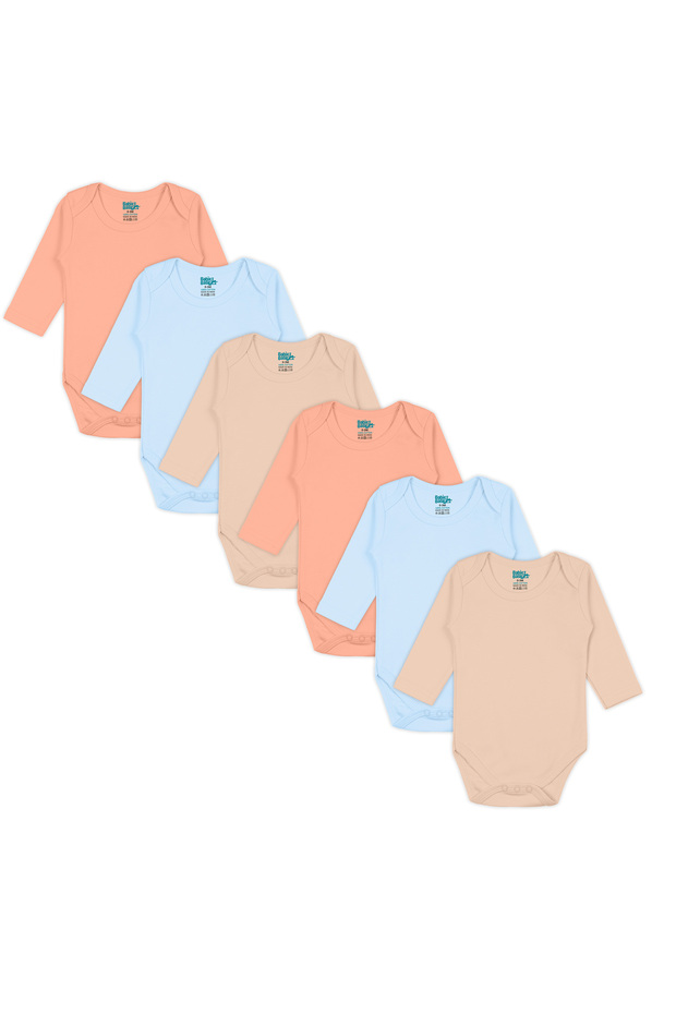 Long Sleeves Romper/Bodysuit. Set of 6 - Blue, Orange, Brown, 3-6 Months