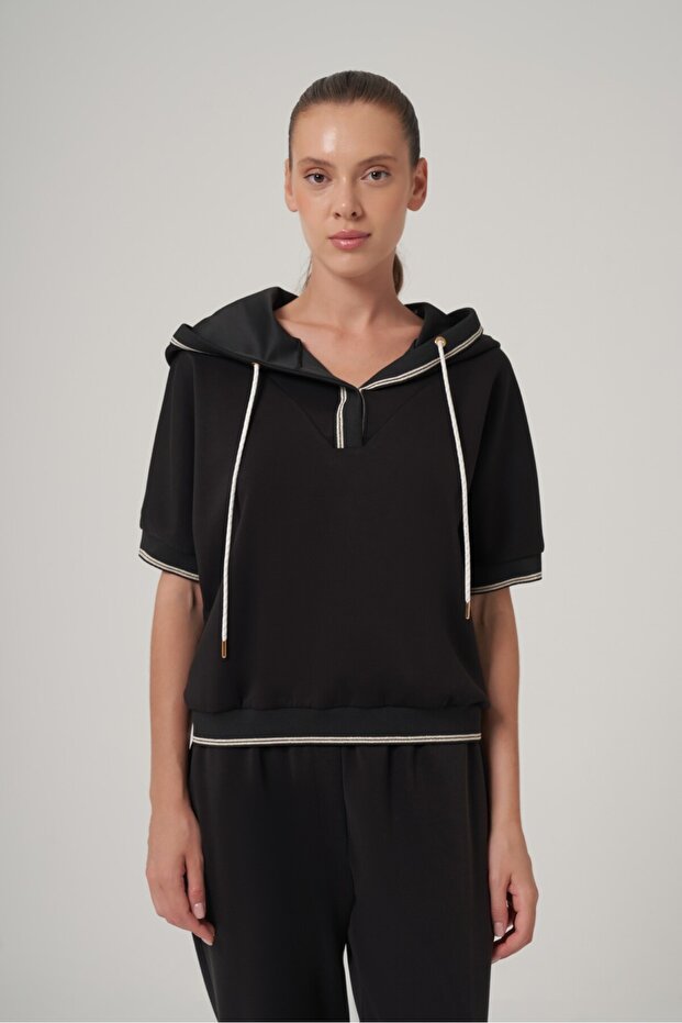 Kapüşonlu Kısa Kol Sweatshirt - 1