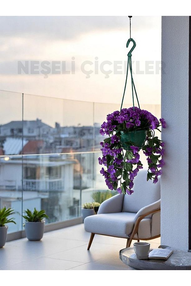 Yapay Çiçek Askılı Balkon Saksısı Balkon Çiçeği 25x75 cm Sarkan Mor Begonvil Dekoratif Yapay Çiçek - 7