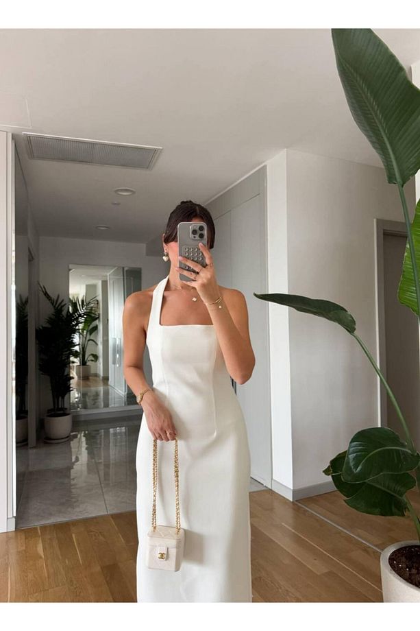 Kadın Halter Yaka Midi Dokuma Elbise - 3