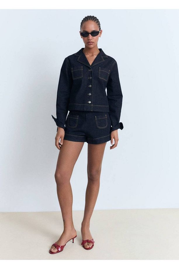 Yüksek Bel Cepli Denim Şort - 2