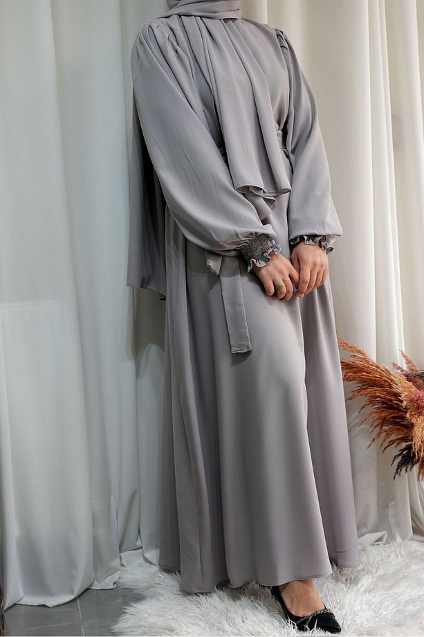 Model Meryem Medine İpeği Çiçek Kol Detaylı Tesettür Elbise (Şal Dahil) - Taş Rengi - MERYEM01007Ş - 7