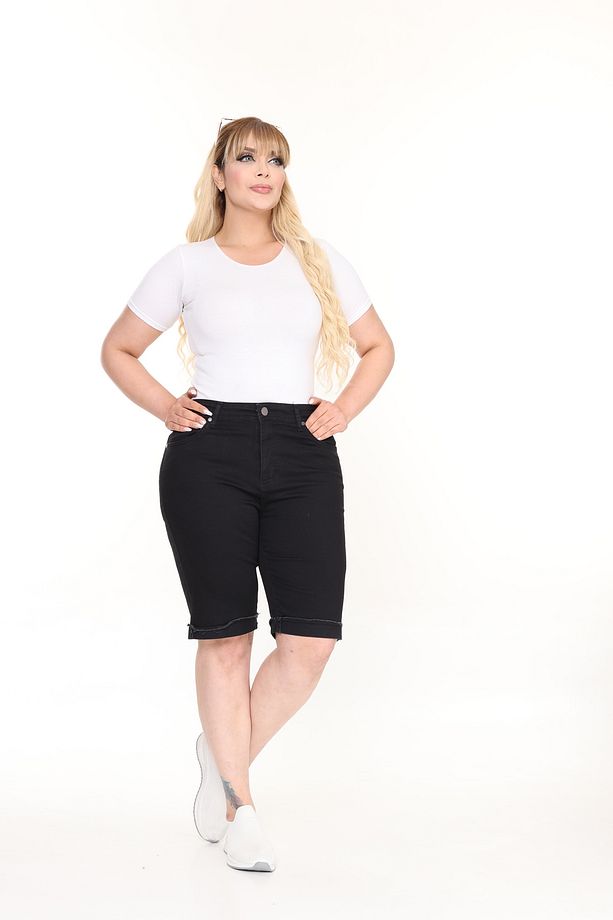 Duble Paça Yüksek Bel Full Likralı Siyah Kadın Kot Şort - 5