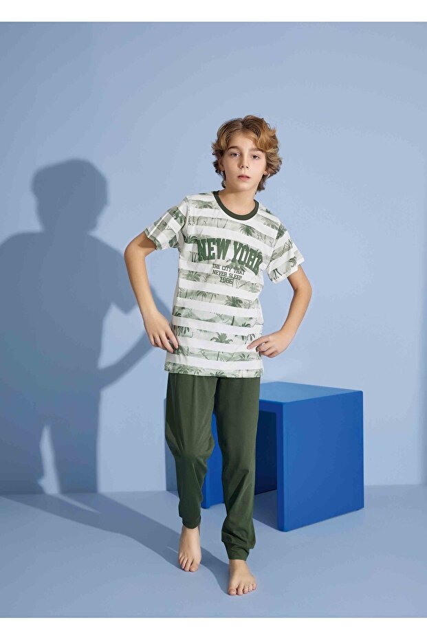 Boy's New York T-Shirt Long Bottom Combed Single Jersey Crew Neck Medium Thick Pajama Set-4004
