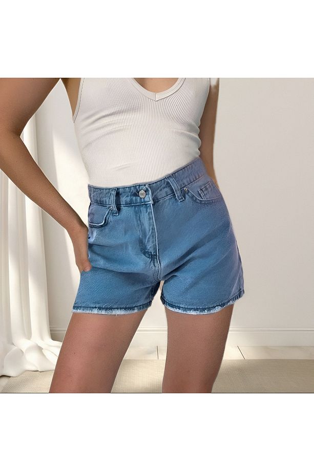 kadın mavi kısa kot şort sade 100%kot - 2