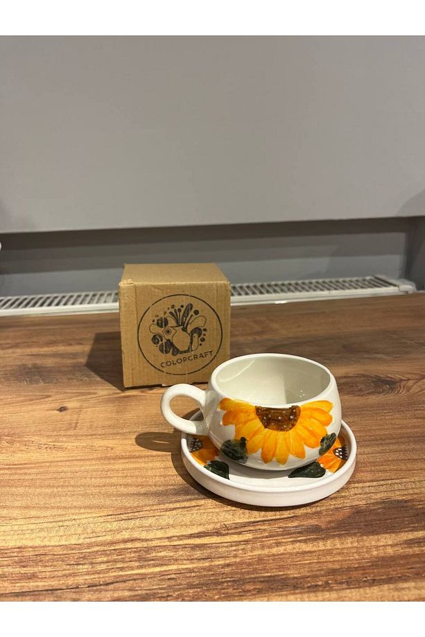 Sarı Çiçek Desenli Tabaklı Seramik Kupa, Mug, Double Türk Kahvesi Filtre kahve - 3