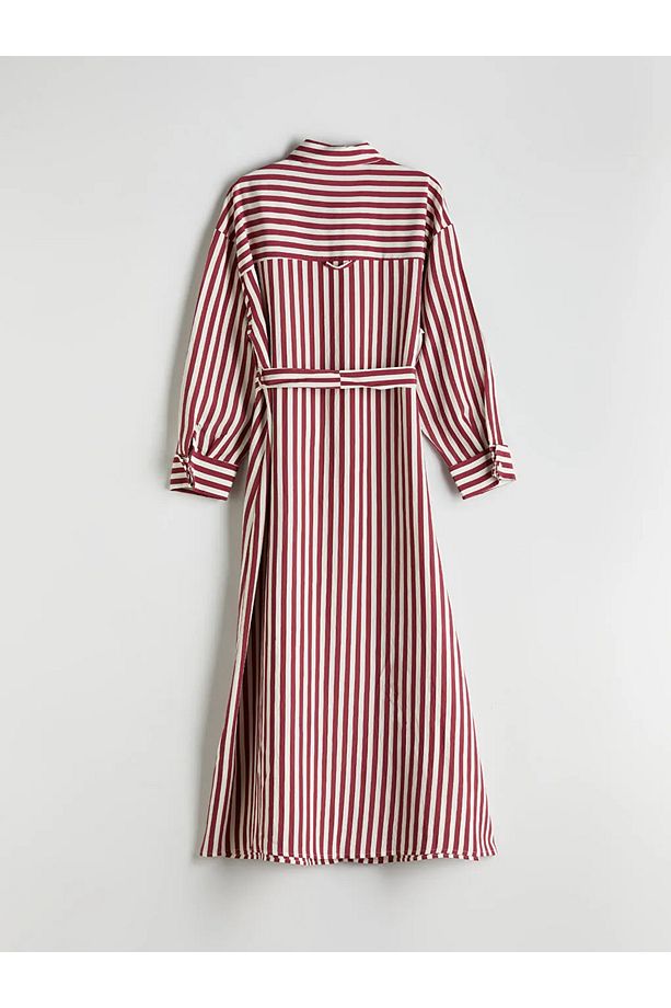 LCW Modest Bordo Çizgili Poplin Gömlek Elbise - 2