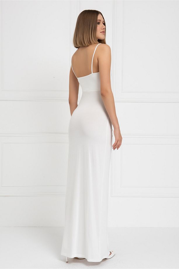 Off white Askılı Göbek Dekolteli Maxi Elbise - 5