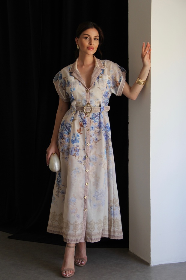 Shirt Collar Patterned Full-Length Buttoned Metal Gold Belted Midi Length Premium Design Linen Dress