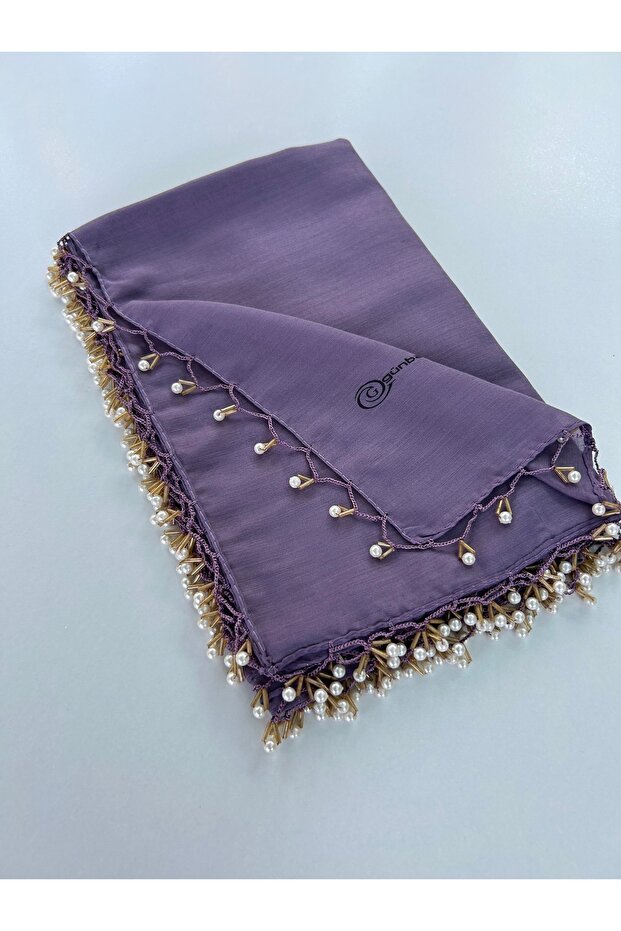 Pearl Beaded Gold Hand Embroidered Scarf Writing 100x100cm