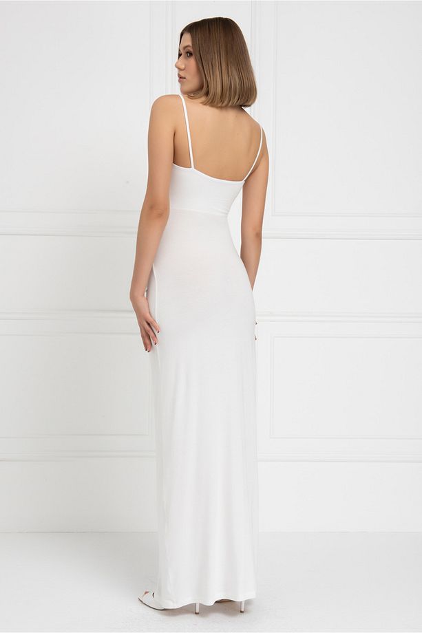 Off white Askılı Göbek Dekolteli Maxi Elbise - 4