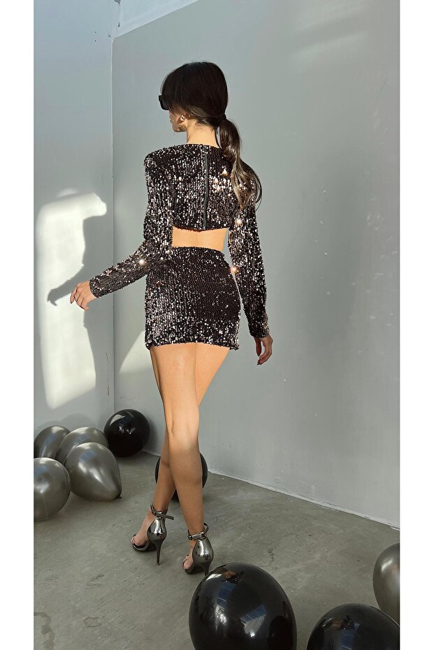 Yan Pencereli Elbise - Siyah & Bronz - 4