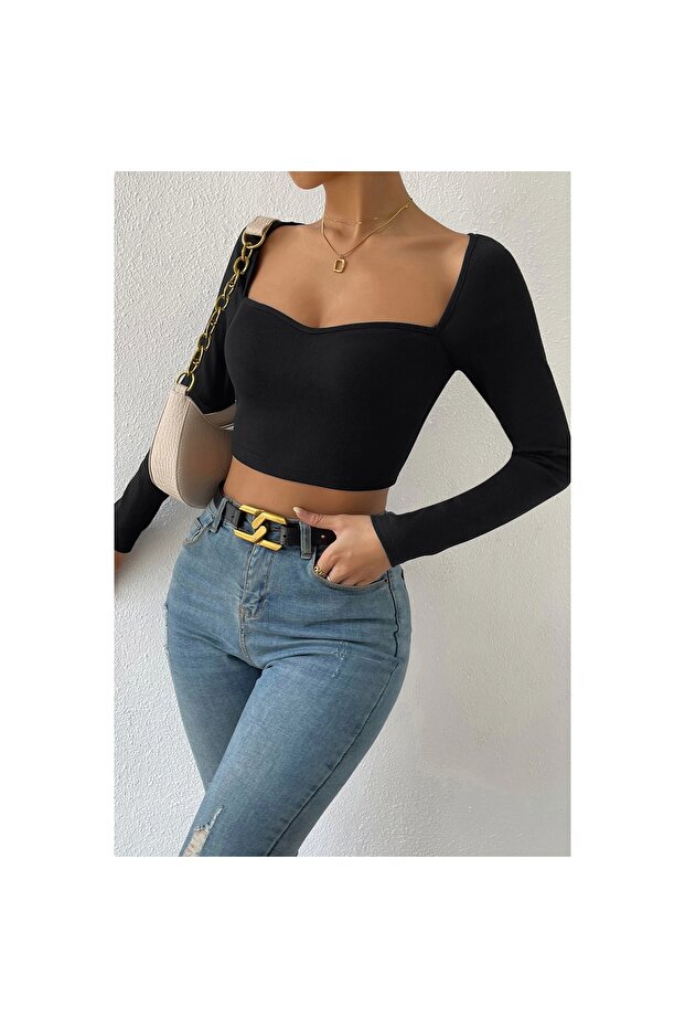 Marsilyan- Women's Black Long Sleeve Low-Cut Chic Crop Top Blouse