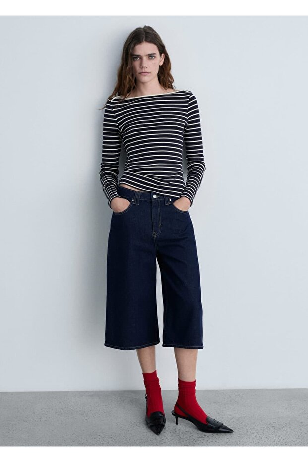 Çizgili kayık yaka tişört - 2