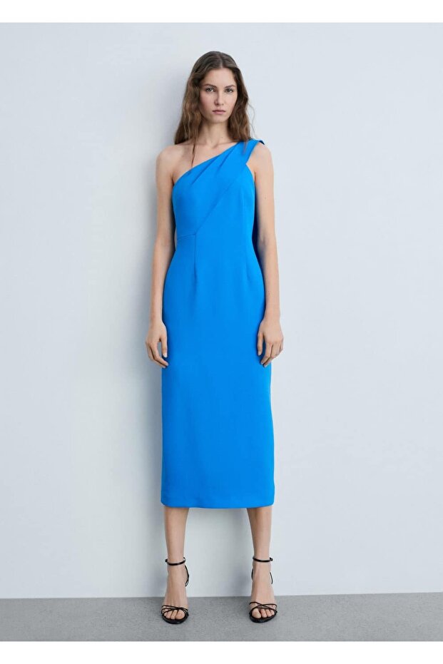 Asimetrik yaka midi elbise - 2