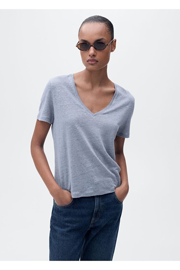 V yakalı keten tişört - 1