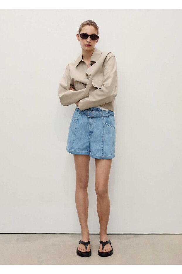 Paperbag Kemerli Denim Şort - 2