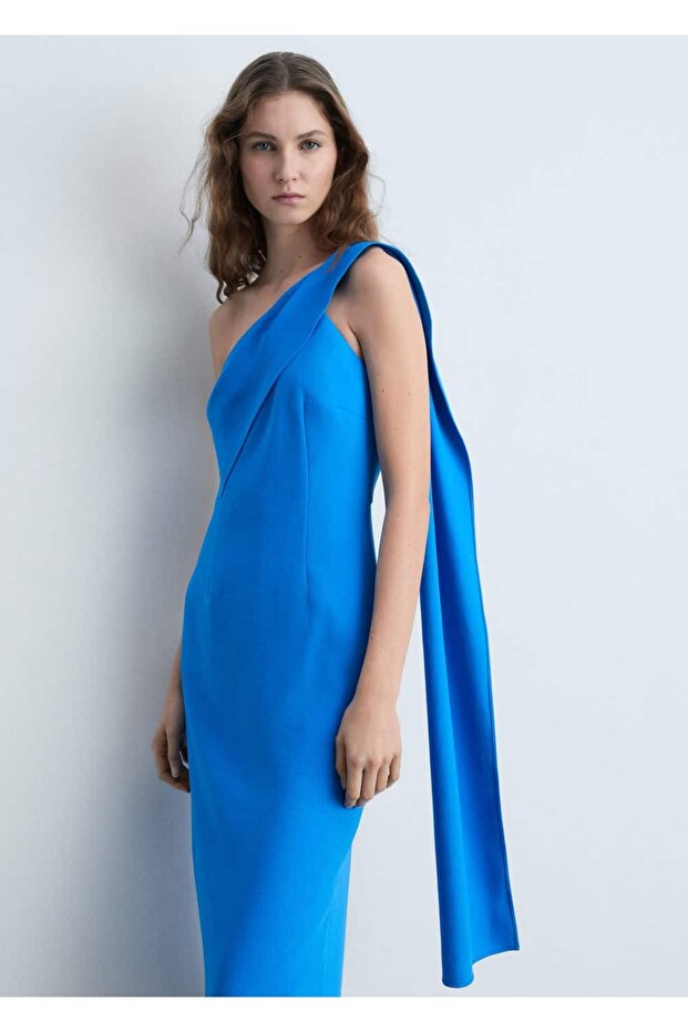 Asimetrik yaka midi elbise - 1