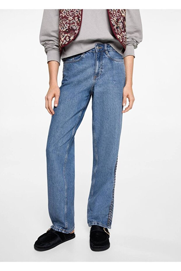 Side Knitted Patterned Jeans - 1