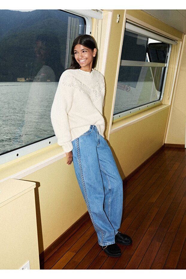 Side Knitted Patterned Jeans - 5