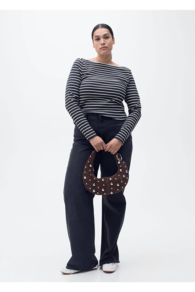 Çizgili kayık yaka tişört - 6