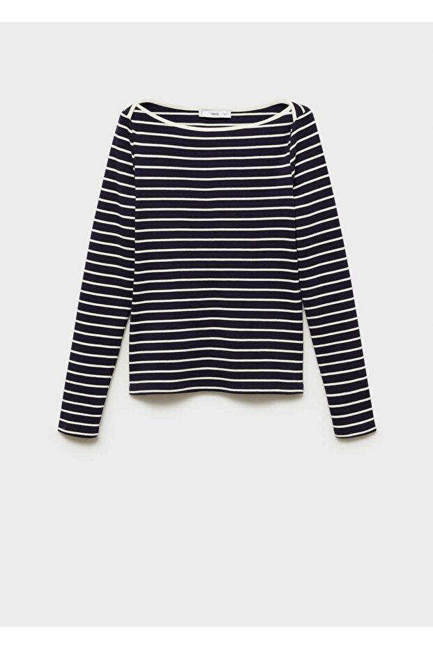Çizgili kayık yaka tişört - 3