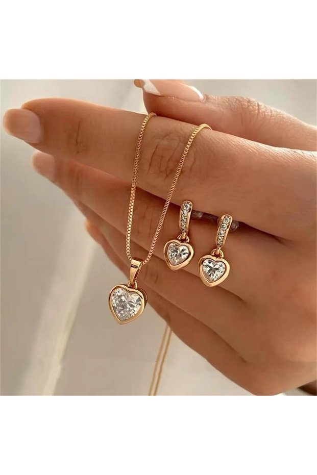 AMS70222 3 Pcs Heart Pendant Jewelry Set Of Earring Pendant Necklace For Women Exquisite Fashion Rhi