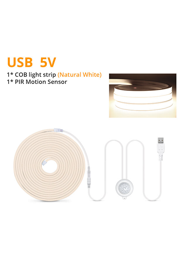 1m Natural White Smart PIR Motion Sensor Super Bright COB LED Strip Neon Light Auto ON/OFF 320leds/m