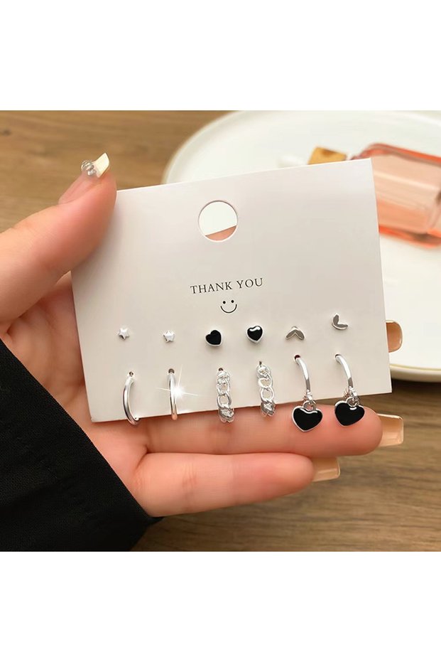 AEH70369 6 Pairs Korean Fashion Metal Start Heart Circle Small Earrings For Women Trend Black Heart